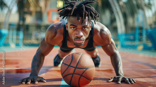 Cropped photo of an Afro-American basketball player doing pushup exercises on the ball. photo