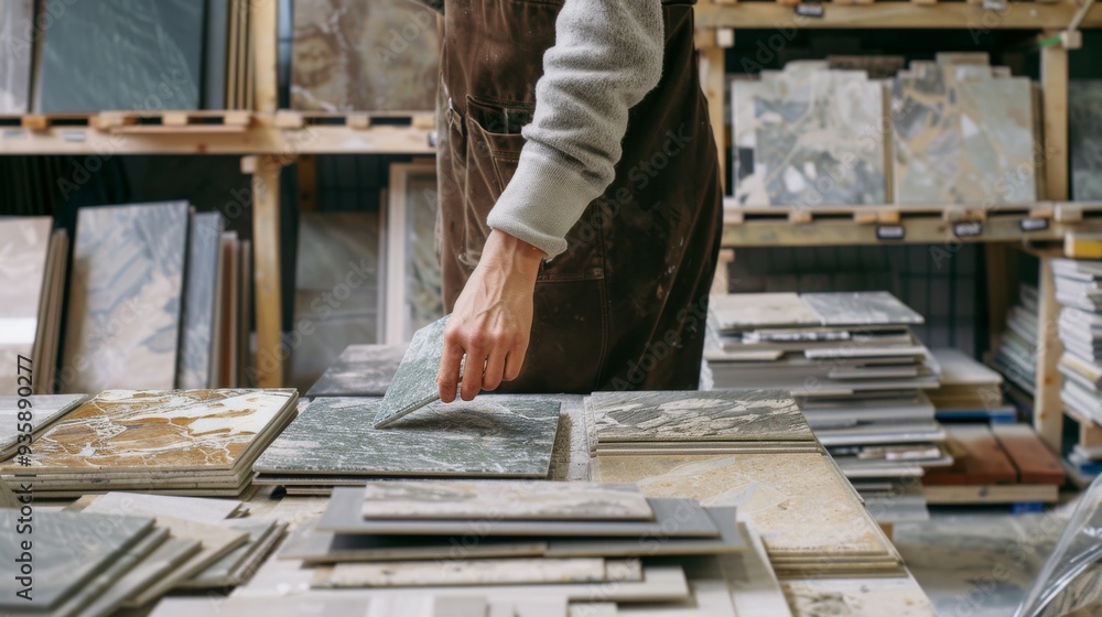 A person carefully examines and selects marble tiles in a well-organized tile shop, showcasing intricate patterns and textures. A person carefully examines and selects marble tiles in a well-organized tile shop, showcasing intricate patterns and textures.