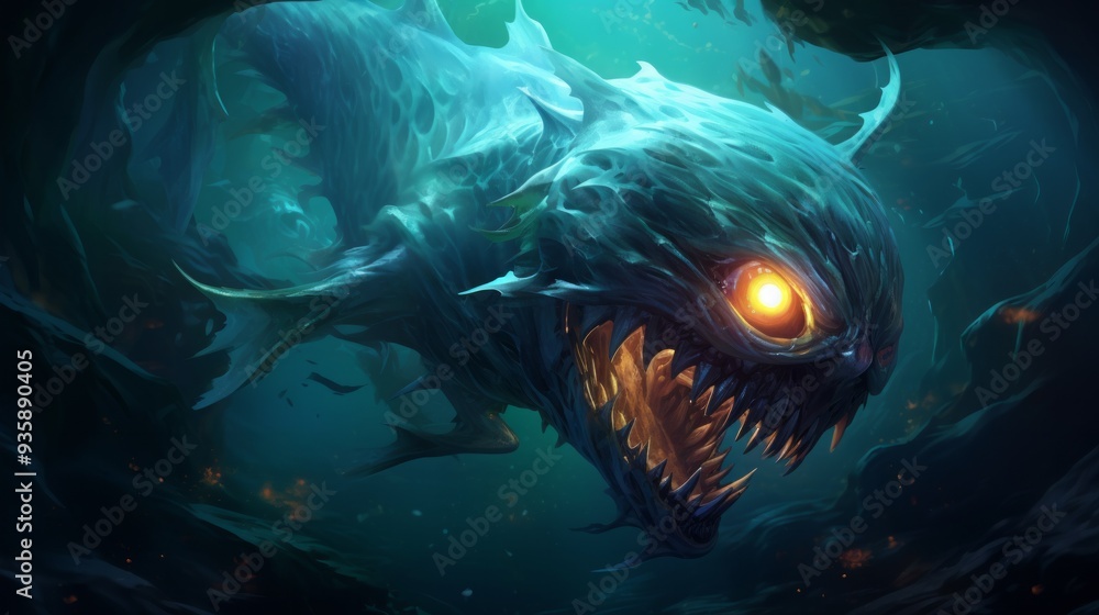 Crazy monster fish with glowing eyes in creepy underwater space. Neural network ai generated art Crazy monster fish with glowing eyes in creepy underwater space. Neural network ai generated art