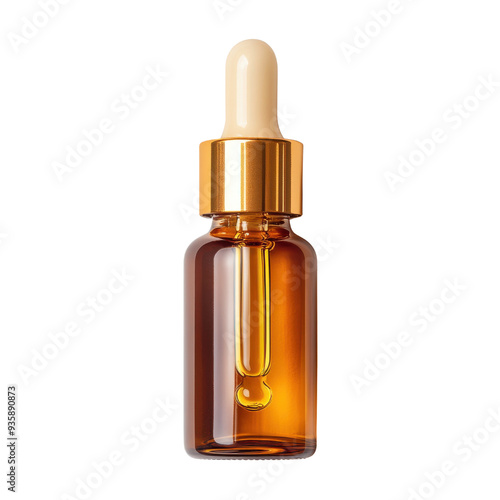 Elegant amber dropper bottle filled with luxurious serum isolated on a white background.