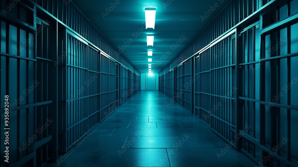 Prison Corridor with Bars and Bright Blue Lighting Prison Corridor with Bars and Bright Blue Lighting