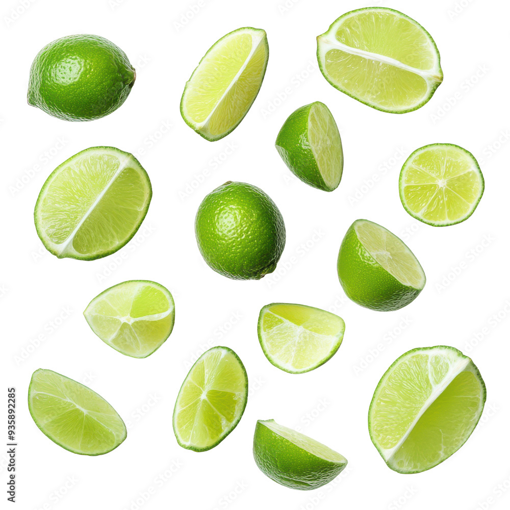 Fresh lime slices and whole limes scattered isolated on a white background. Fresh lime slices and whole limes scattered isolated on a white background.