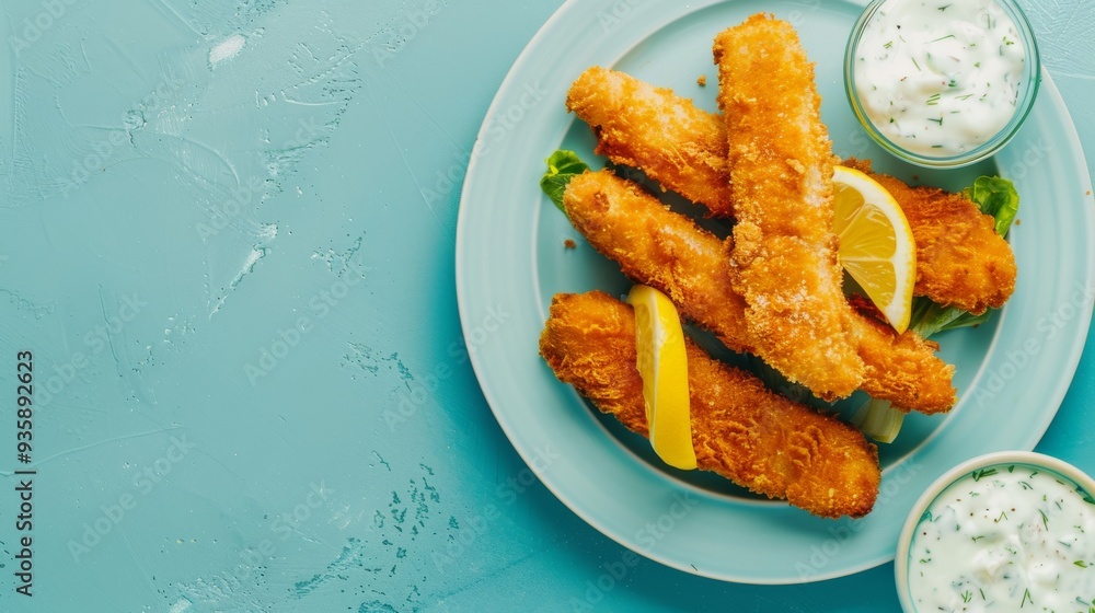 Crispy battered fish fillets elegantly plated with tartar sauce and a lemon wedge, set against a pastel blue background. Crispy battered fish fillets elegantly plated with tartar sauce and a lemon wedge, set against a pastel blue background.