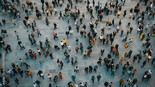 A diverse crowd forms a mosaic of colors and patterns, moving in unison across a large public square, reflecting the vibrancy of urban life. photo