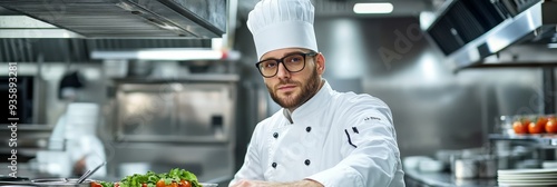 Professional Chef Preparing Gourmet Dish in a Modern Kitchen - A portrait of a chef in a professional kitchen, showcasing culinary expertise, fresh ingredients, and a commitment to quality food prepar photo