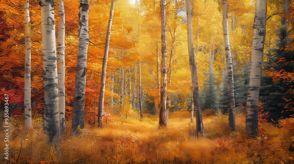 Fototapeta premium Autumn's vibrant embrace paints the forest in golden hues, where trees adorned in a kaleidoscope of colors create an enchanting spectacle.