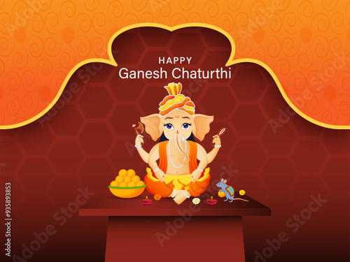 Happy Ganesha Chaturthi Indian festival celebration background with lord ganesha idol vector illustration.
