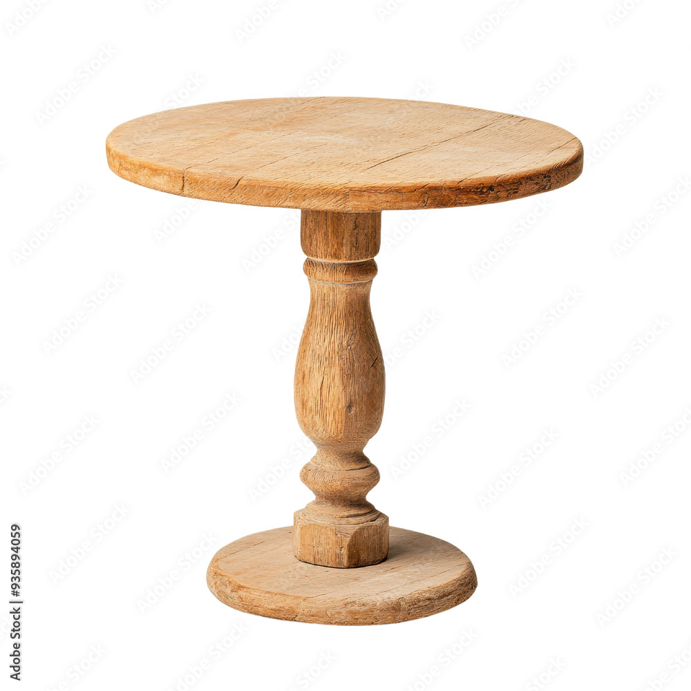 Rustic wooden table with a round top and decorative pedestal base, isolated on a white background. Rustic wooden table with a round top and decorative pedestal base, isolated on a white background.