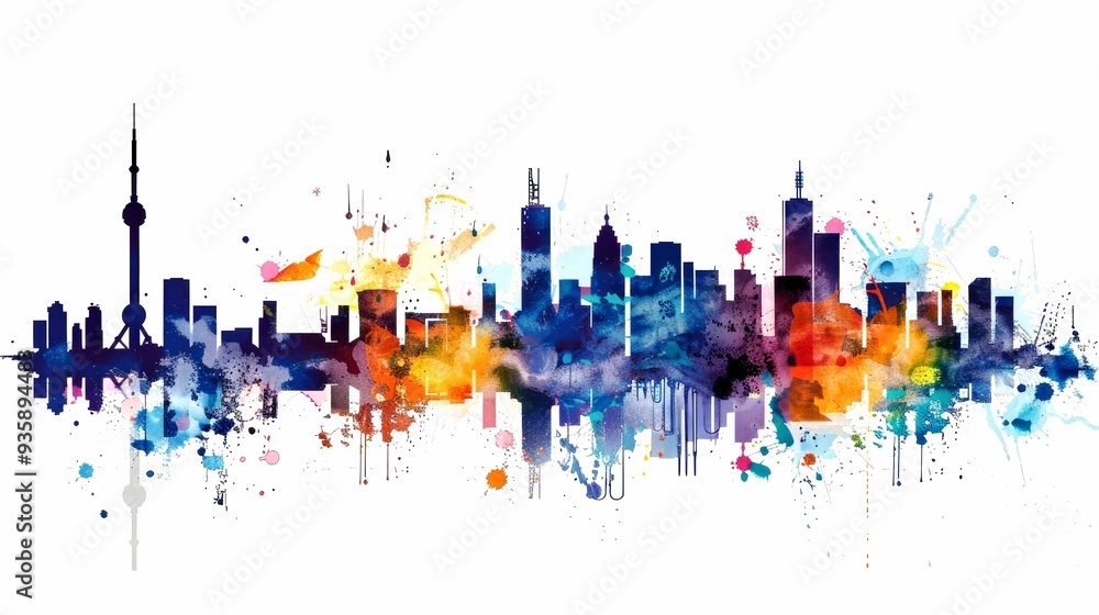 Obraz premium Watercolor Cityscape with Splashes of Color