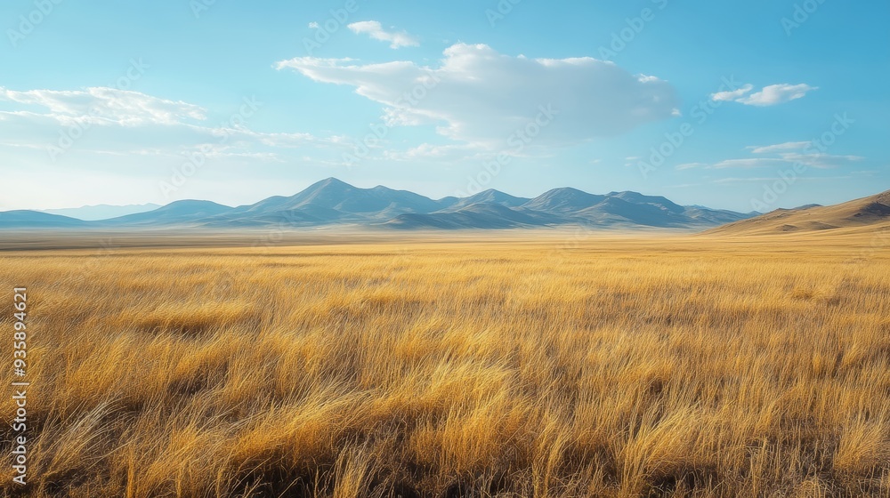 Kazakhstan steppe landscape in autumn. Parched grasses sway in the wind against a backdrop of distant mountains. Kazakhstan steppe landscape in autumn. Parched grasses sway in the wind against a backdrop of distant mountains.
