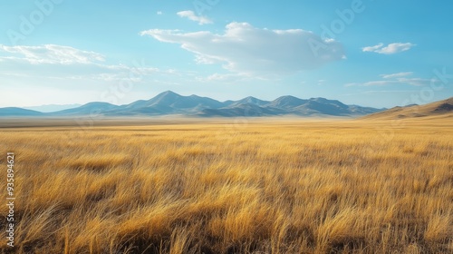 Kazakhstan steppe landscape in autumn. Parched grasses sway in the wind against a backdrop of distant mountains.