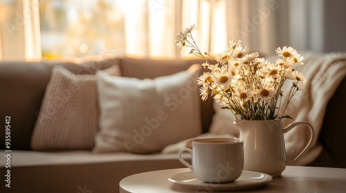 Cozy living room with a warm sunset glow, featuring a cup of coffee and a vase of daisies on a round table in front of a beige sofa with cushions, copy space