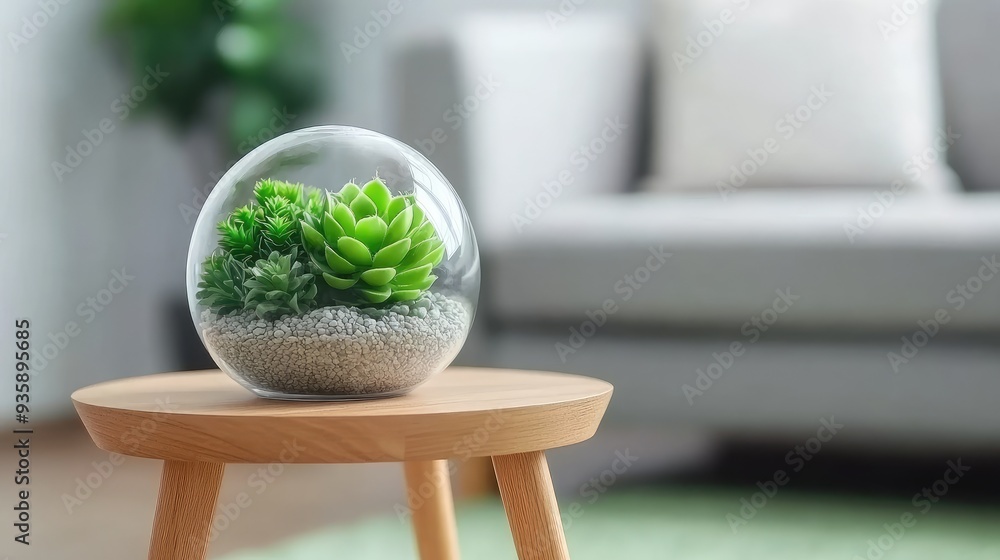 A small wooden side table holds a stunning terrarium of lush succulents in a cozy living room, with a gray sofa set against a light green carpet for a welcoming atmosphere A small wooden side table holds a stunning terrarium of lush succulents in a cozy living room, with a gray sofa set against a light green carpet for a welcoming atmosphere