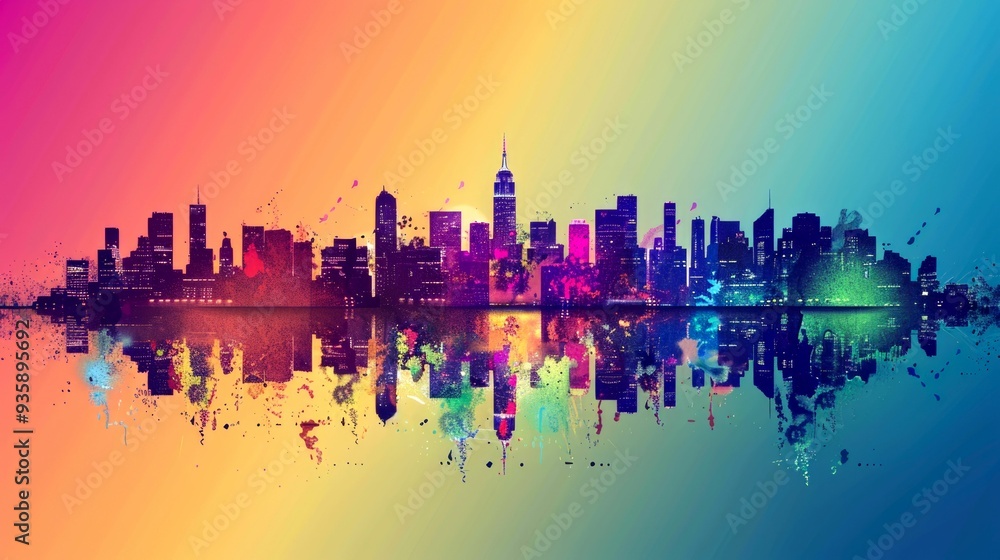 Obraz premium Colorful Cityscape with Reflection and Splashes