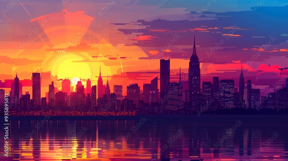 City Skyline at Sunset with Water Reflection and Abstract Patterns in the Sky City Skyline at Sunset with Water Reflection and Abstract Patterns in the Sky