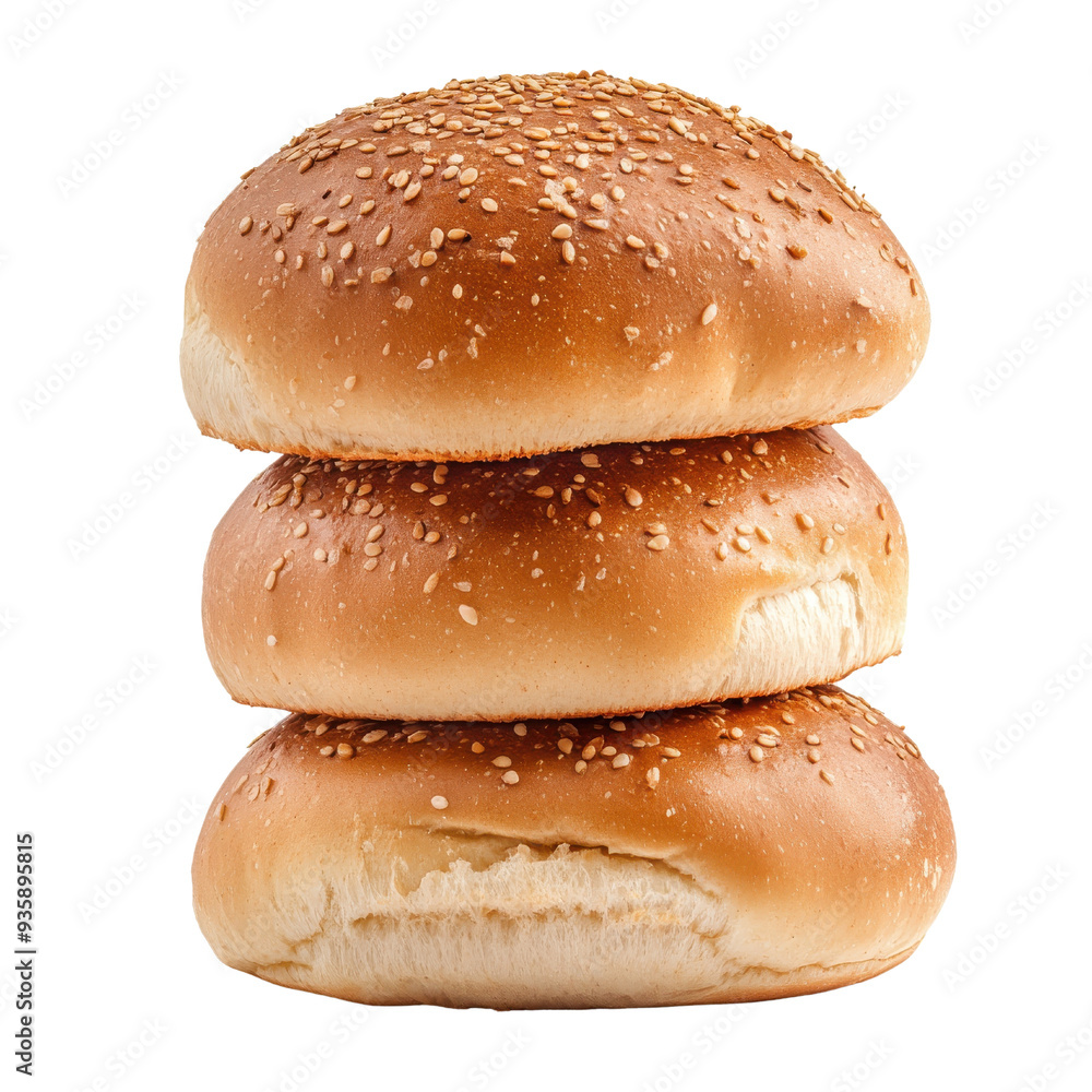 Three freshly baked sesame seed burger buns stacked isolated on a white background. Three freshly baked sesame seed burger buns stacked isolated on a white background.