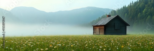 Secluded Cabin in a Misty Meadow - A small wooden cabin stands alone in a misty meadow, surrounded by wildflowers and mountains in the distance. This image symbolizes peace, tranquility, nature, solit photo