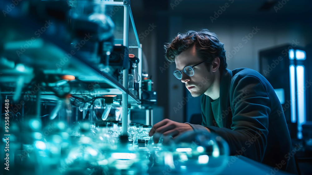 A professional in a thinking pose amidst laboratory equipment A professional in a thinking pose amidst laboratory equipment
