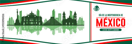 Mexico Independence Day Banner. Elegant banner with Mexican flag ribbon and silhouettes of famous landmarks. Translation : Mexico Independence Day, 16th September. Banner, Poster, Greeting Card. 