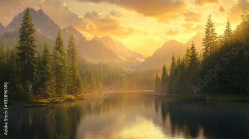 Wallpaper Mural Tranquil forest lake scene amidst majestic mountains, bathed in golden hues of sunset or sunrise. Lush trees line the banks, creating a picturesque natural sanctuary. Torontodigital.ca
