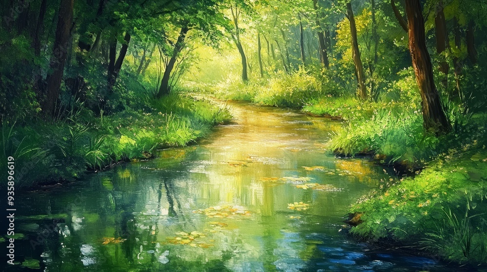 Serene Forest Stream - Tranquil Nature Scene - A peaceful stream flows through a lush green forest, sunlight filtering through the trees, creating a serene atmosphere. This image captures the beauty Serene Forest Stream - Tranquil Nature Scene - A peaceful stream flows through a lush green forest, sunlight filtering through the trees, creating a serene atmosphere. This image captures the beauty