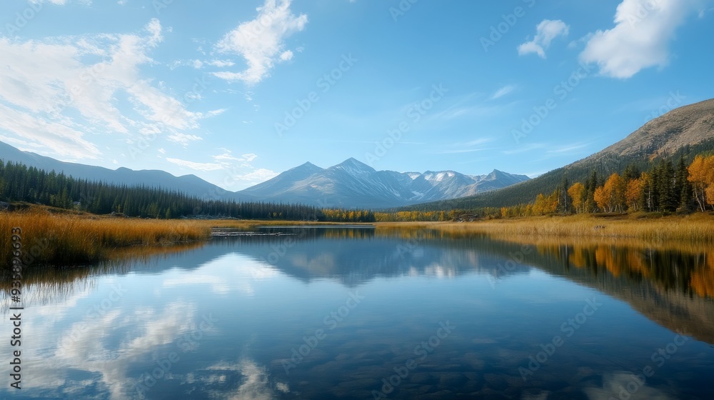 Serene Mountain Lake Reflection with Fall Colors - A tranquil scene of a mountain lake reflecting the blue sky and white clouds, with a touch of autumn colors in the trees surrounding the lake. Serene Mountain Lake Reflection with Fall Colors - A tranquil scene of a mountain lake reflecting the blue sky and white clouds, with a touch of autumn colors in the trees surrounding the lake.