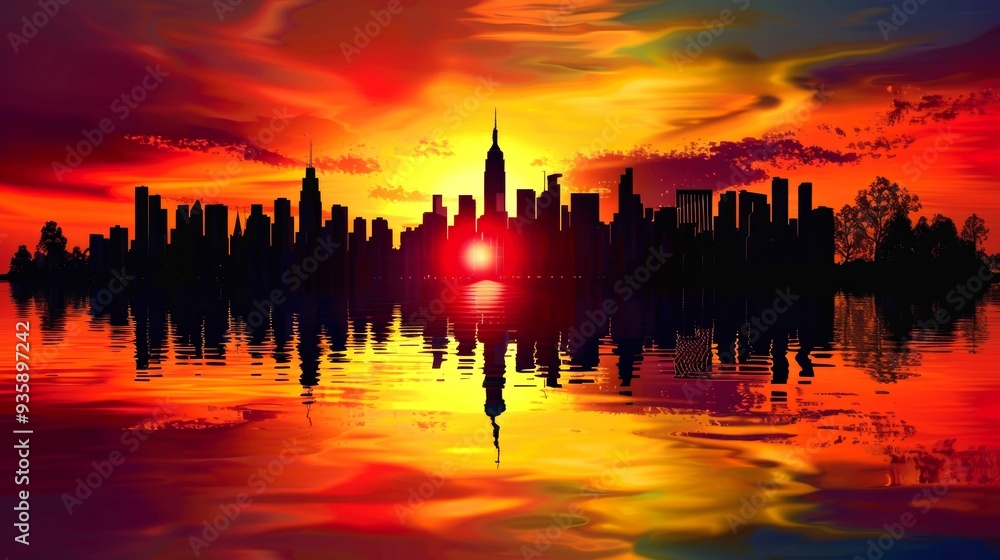 Obraz premium City Skyline Reflected in Calm Water at Sunset