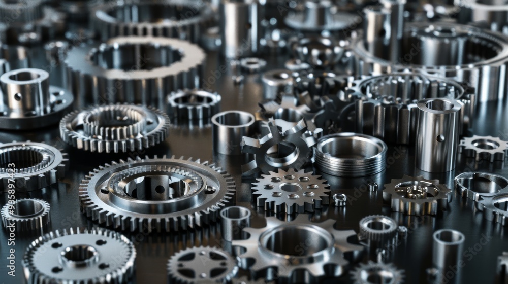 A detailed image of various metallic gears and components, demonstrating the intricacies of mechanical design and engineering. A detailed image of various metallic gears and components, demonstrating the intricacies of mechanical design and engineering.