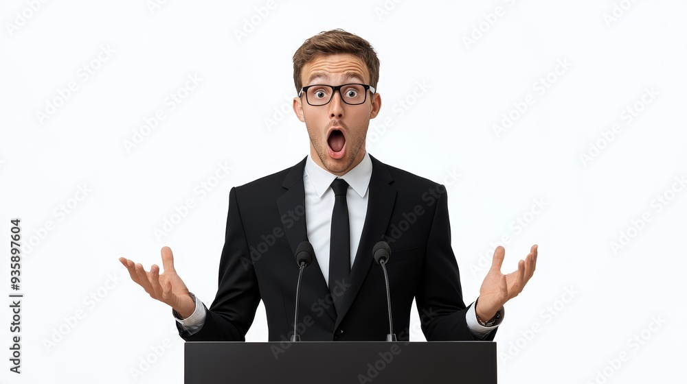 Shocked Speaker at Podium: A Surprised Reaction - A young man in a suit and tie stands behind a podium, looking surprised and shocked with his mouth open wide. His hands are raised in the air, as if Shocked Speaker at Podium: A Surprised Reaction - A young man in a suit and tie stands behind a podium, looking surprised and shocked with his mouth open wide. His hands are raised in the air, as if