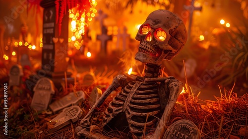 Skeleton yard with haunted ambiance and gravestones for Halloween decor