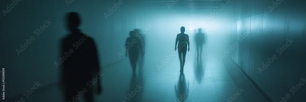 Silhouettes of People Walking Through Fog in a Tunnel - A group of people walk through a tunnel, their figures only dimly visible through the thick fog, symbolizing uncertainty, mystery, and the unkno Silhouettes of People Walking Through Fog in a Tunnel - A group of people walk through a tunnel, their figures only dimly visible through the thick fog, symbolizing uncertainty, mystery, and the unkno