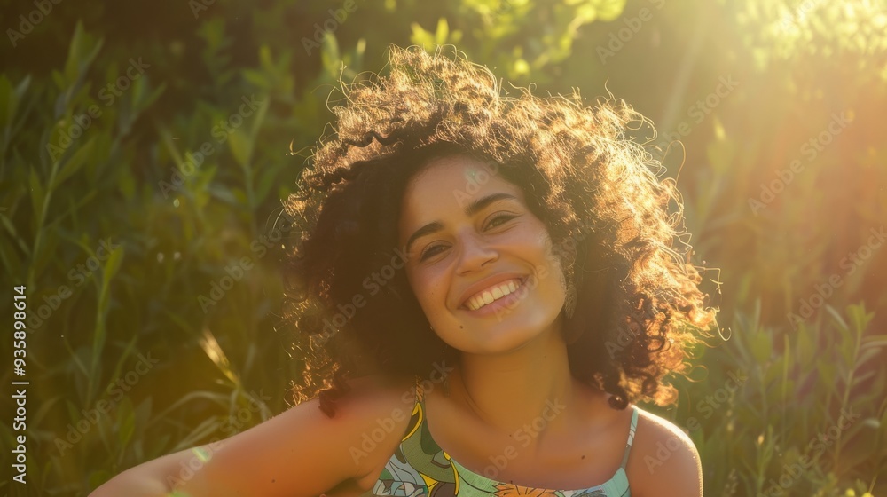 A smiling woman with curly hair basks in golden sunlight, surrounded by lush greenery, radiating happiness and carefree summer vibes. A smiling woman with curly hair basks in golden sunlight, surrounded by lush greenery, radiating happiness and carefree summer vibes.