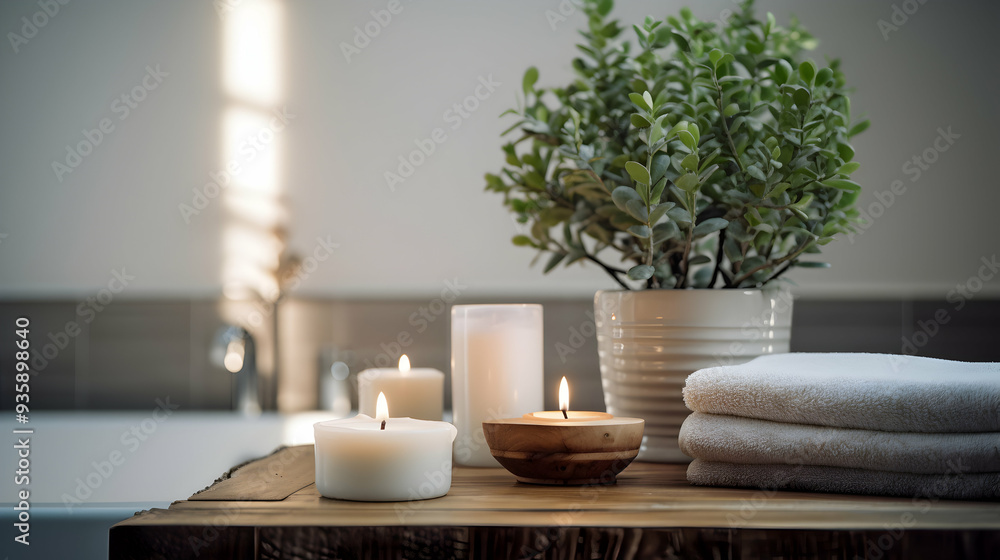 A serene bathroom scene featuring a potted plant, A serene bathroom scene featuring a potted plant,