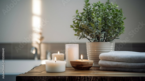 A serene bathroom scene featuring a potted plant,