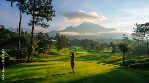 Under a beautiful sunrise, a woman swings her golf club on a verdant course surrounded by mountains and trees, enjoying the tranquil morning atmosphere photo