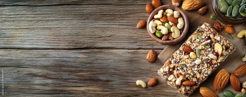 Healthy granola bar with nuts and seeds on a rustic wooden background. Perfect for a nutritious snack or a quick energy boost. Healthy granola bar with nuts and seeds on a rustic wooden background. Perfect for a nutritious snack or a quick energy boost.