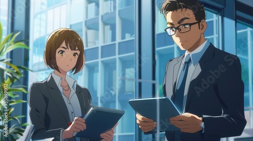 Two business people are engaged in a discussion while reviewing tablets in a contemporary office setting with large windows