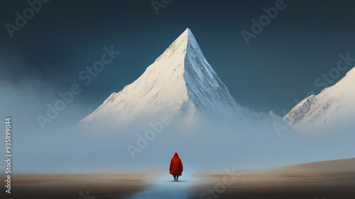 Solitary Figure Facing Majestic Mountain Peak - A lone figure in a red cloak stands in the foreground, facing a towering snowy mountain peak shrouded in mist. The image symbolizes solitude, determinat photo