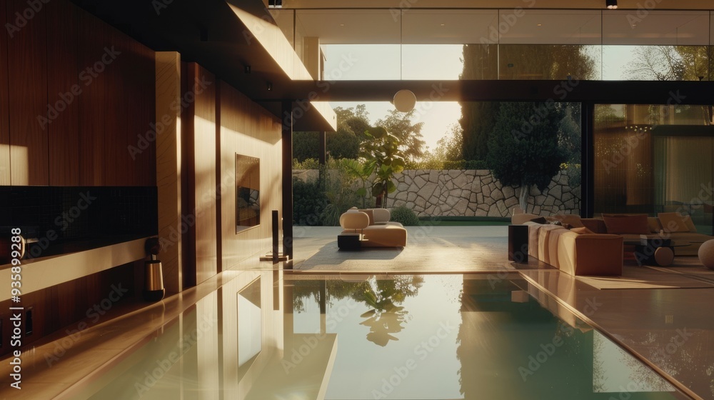 Ultra-modern living space with an inviting indoor pool and large glass windows overlooking the serene outdoors at sunset. Ultra-modern living space with an inviting indoor pool and large glass windows overlooking the serene outdoors at sunset.