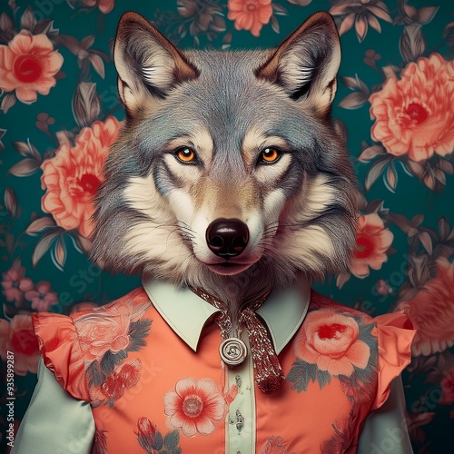 Retro-Modeporträt eines klugen süßen Wolfs, der ein Blumenkleid auf einer Blumentapete trägt
