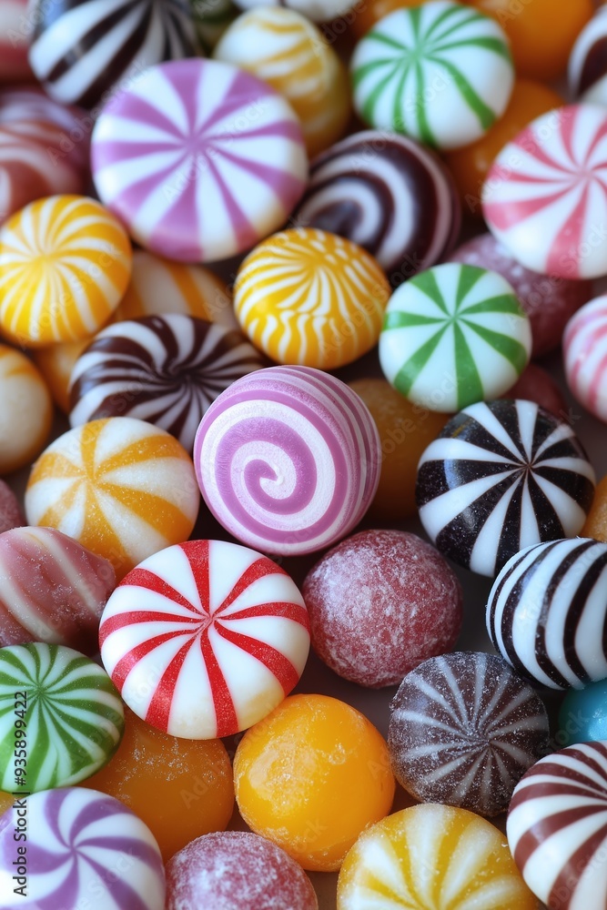 A delightful arrangement of colorful candies mixed with various peppermint swirls, creating a lively and festive display. A delightful arrangement of colorful candies mixed with various peppermint swirls, creating a lively and festive display.