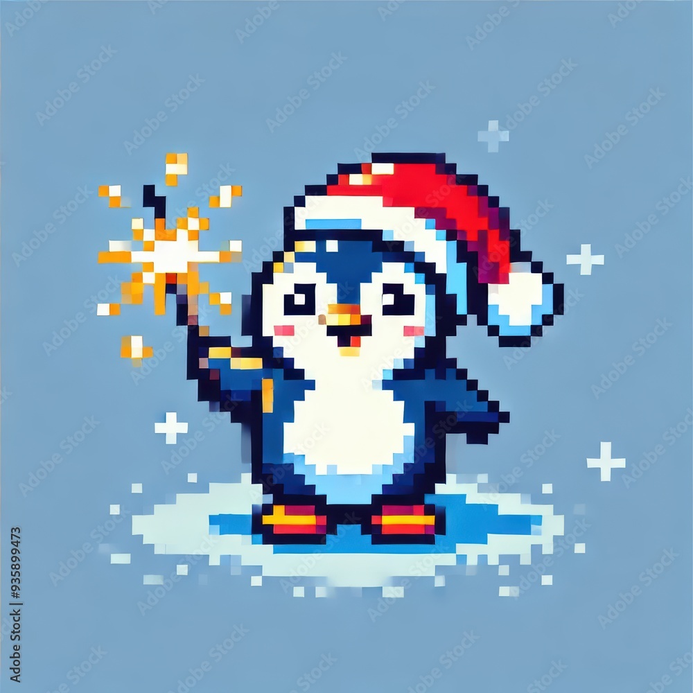 Obraz premium New Year penguin on a plain bright background in pixel art style.