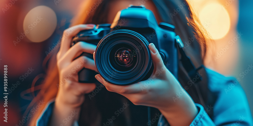 A person holding a DSLR camera takes pictures at dusk, capturing the vibrant and blurred lights in the background. A person holding a DSLR camera takes pictures at dusk, capturing the vibrant and blurred lights in the background.