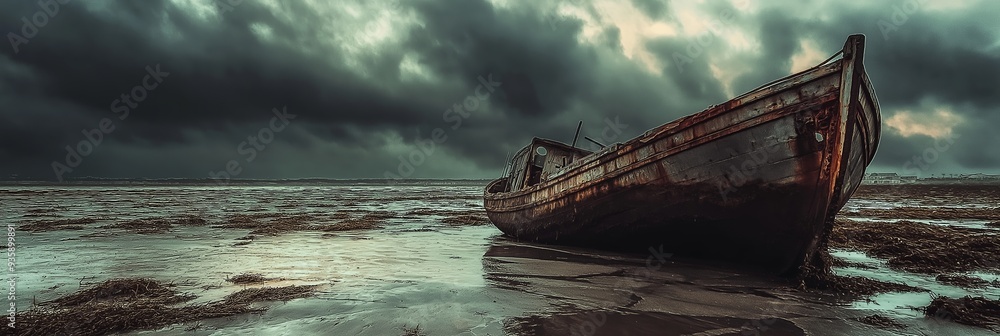 An old, rusted boat sits abandoned on a deserted shoreline during a moody dusk, evoking a sense of mystery and nostalgia. An old, rusted boat sits abandoned on a deserted shoreline during a moody dusk, evoking a sense of mystery and nostalgia.