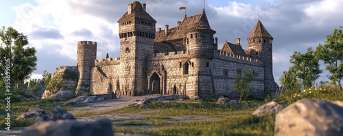 Medieval stone castle with towers and walls surrounded by lush greenery under a cloudy sky, showcasing historical architecture.