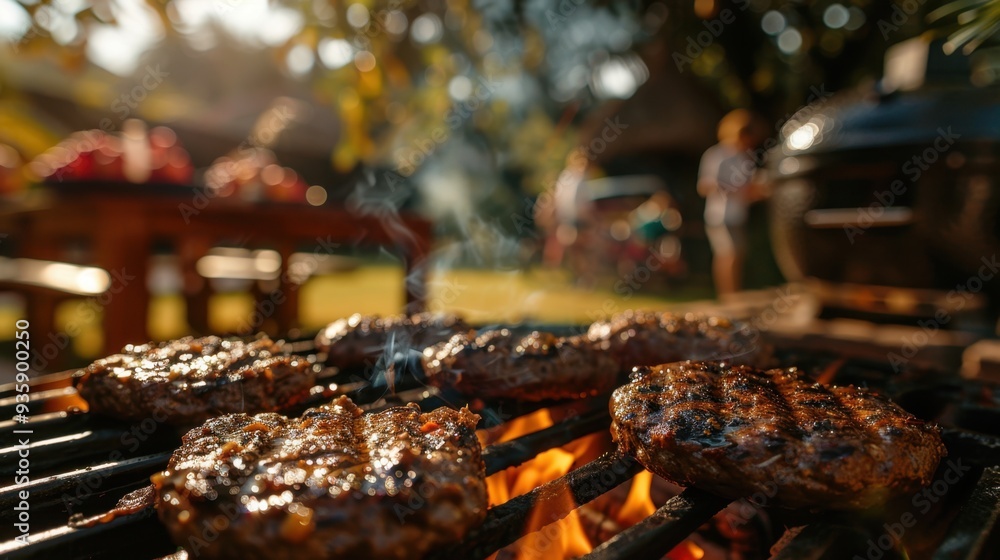 Backyard BBQ: The grill sizzles with burgers and hotdogs as the family relaxes in the backyard; children play catch while adults chat and prepare their plates.
Backyard BBQ: The grill sizzles with burgers and hotdogs as the family relaxes in the backyard; children play catch while adults chat and prepare their plates.