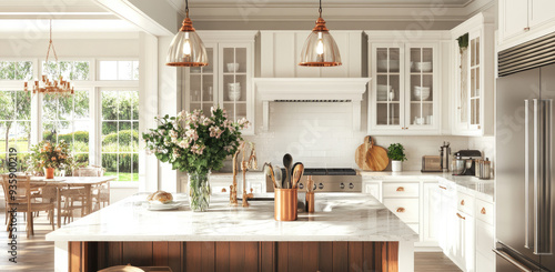 3D rendering of a farmhouse kitchen with white cabinets, a marble countertop, and copper lighting fixtures. Created with AI