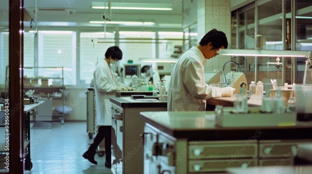 Obraz premium Two scientists in white lab coats work diligently in a bright, modern laboratory filled with advanced scientific equipment.