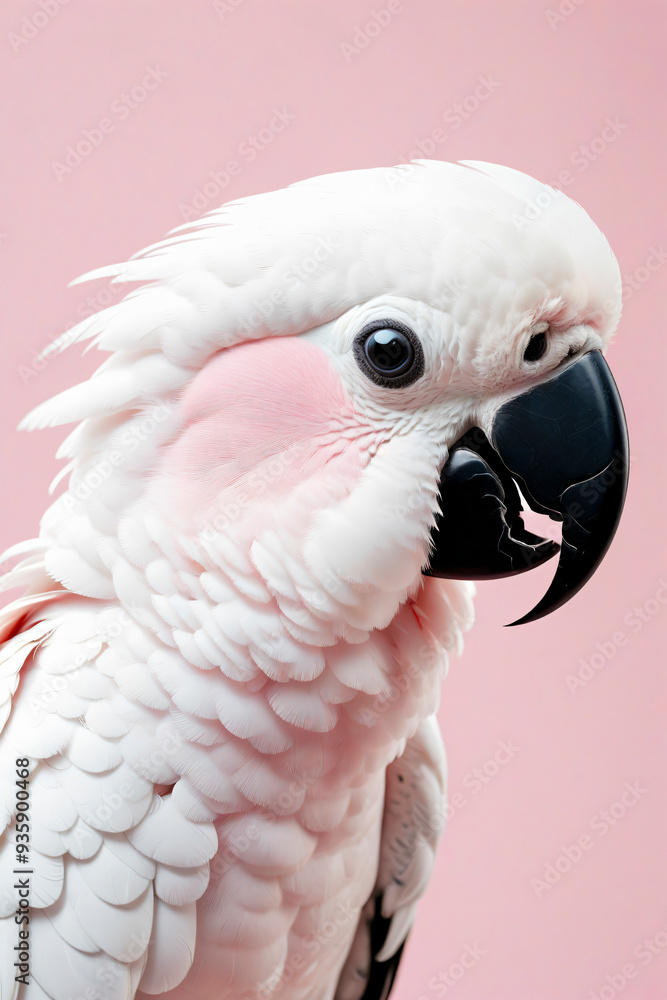 White Parrot,full body, smiling, cute, big black eyes, big head, on a pastel pink background White Parrot,full body, smiling, cute, big black eyes, big head, on a pastel pink background