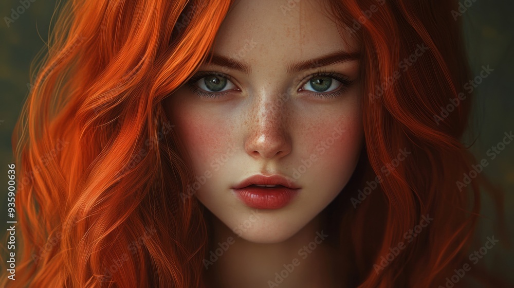 Obraz premium A young woman with captivating green eyes and curly red hair gazes directly at the viewer, highlighting her natural beauty and vibrant features.